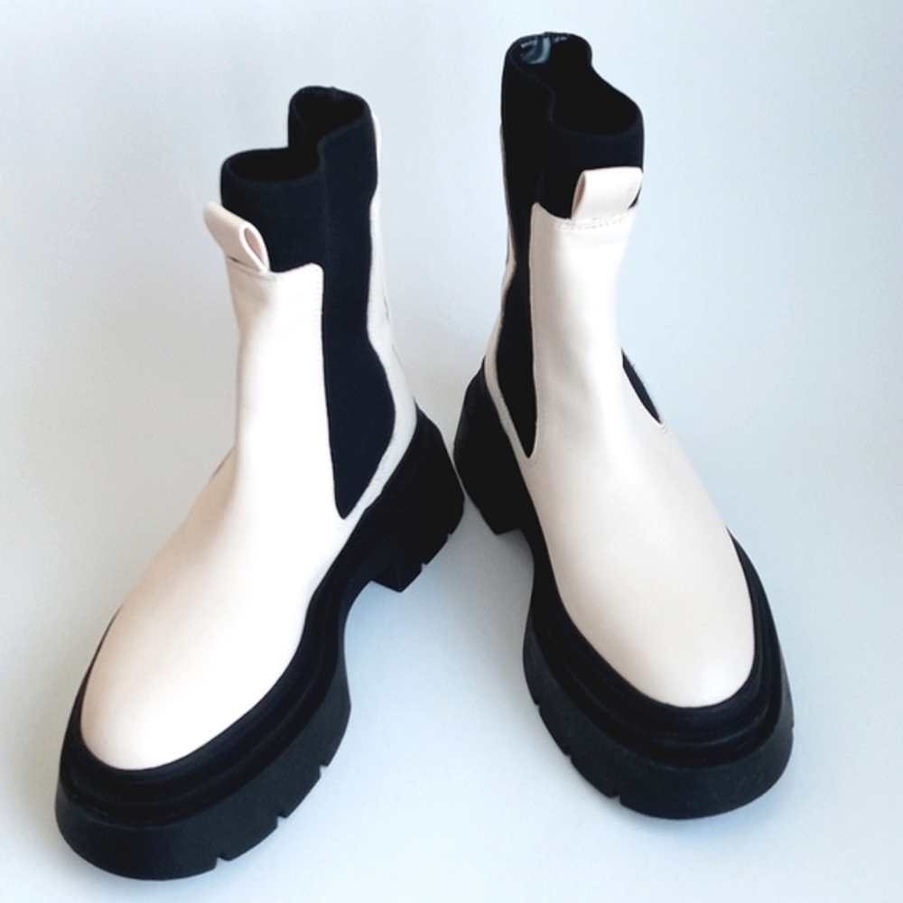 Mango Women's Cream with Black Ankle Sock Platform Boots 7.5 (38) ThickLug Soles - Picture 13 of 16